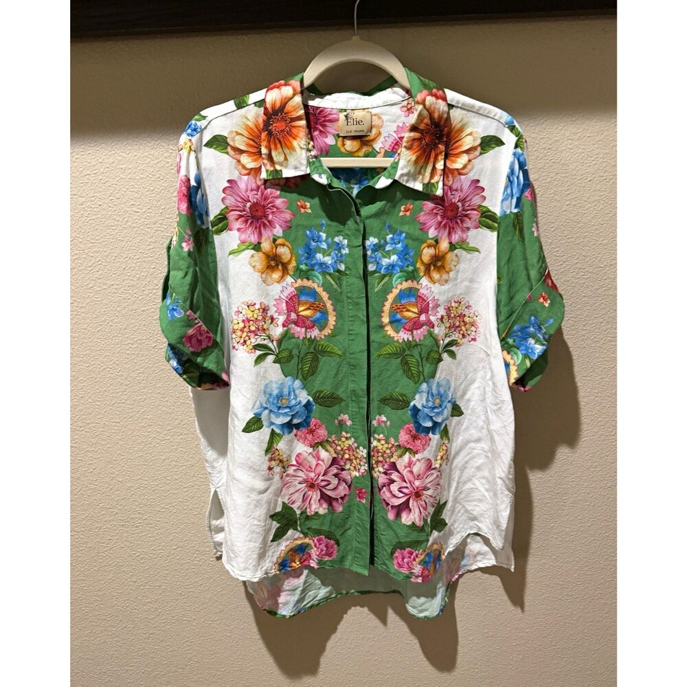 Elie Tahari Women’s Floral Green/White Short Sleeve Button-Up Linen Shirt XL